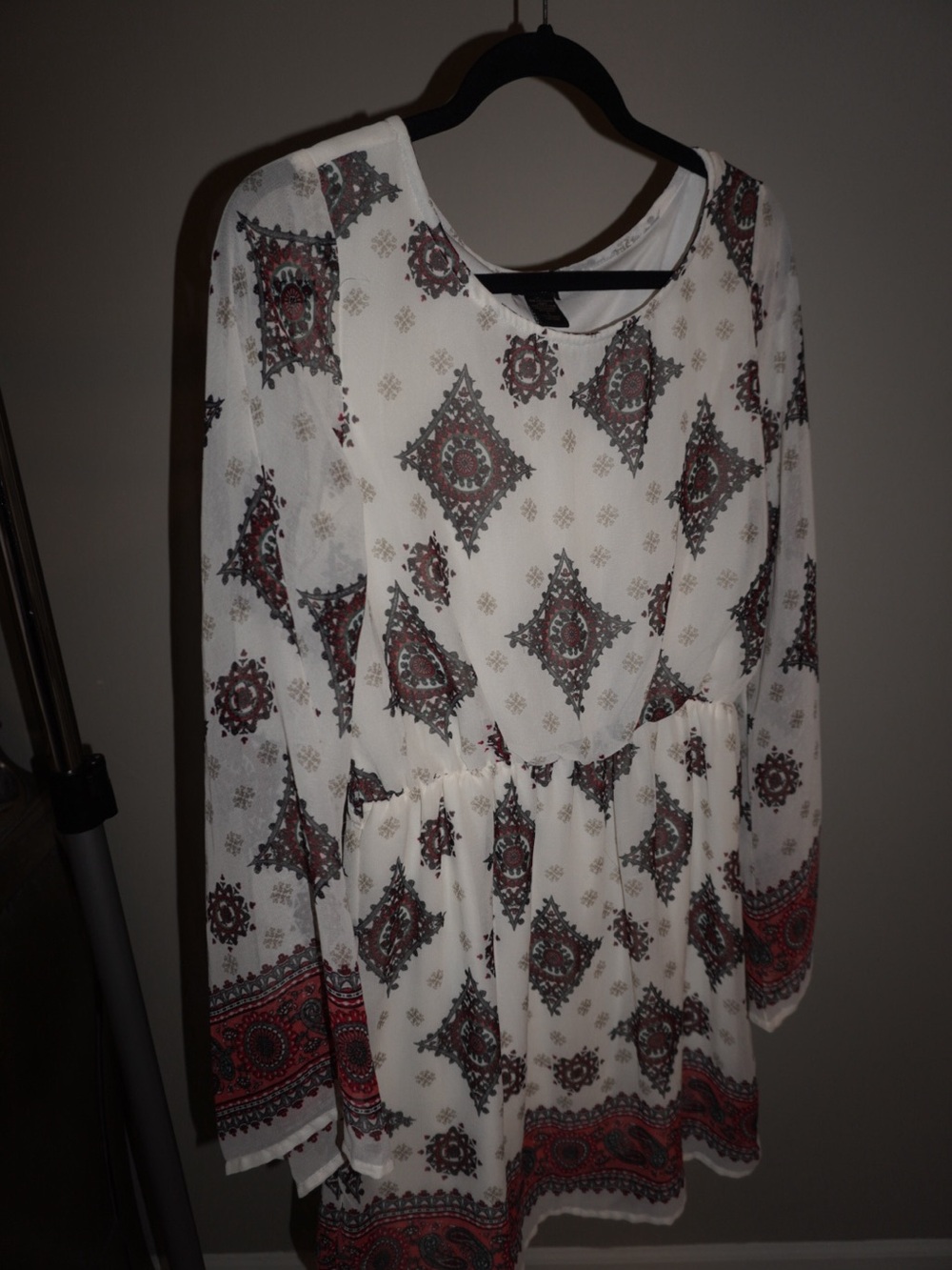 feathers White Dress with Red and Gray Paisley Print